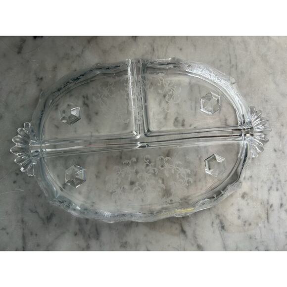 Fostoria Meadow Rose 3 Part Glass Footed Relish Dish Etched Crystal Vintage - Picture 10 of 15
